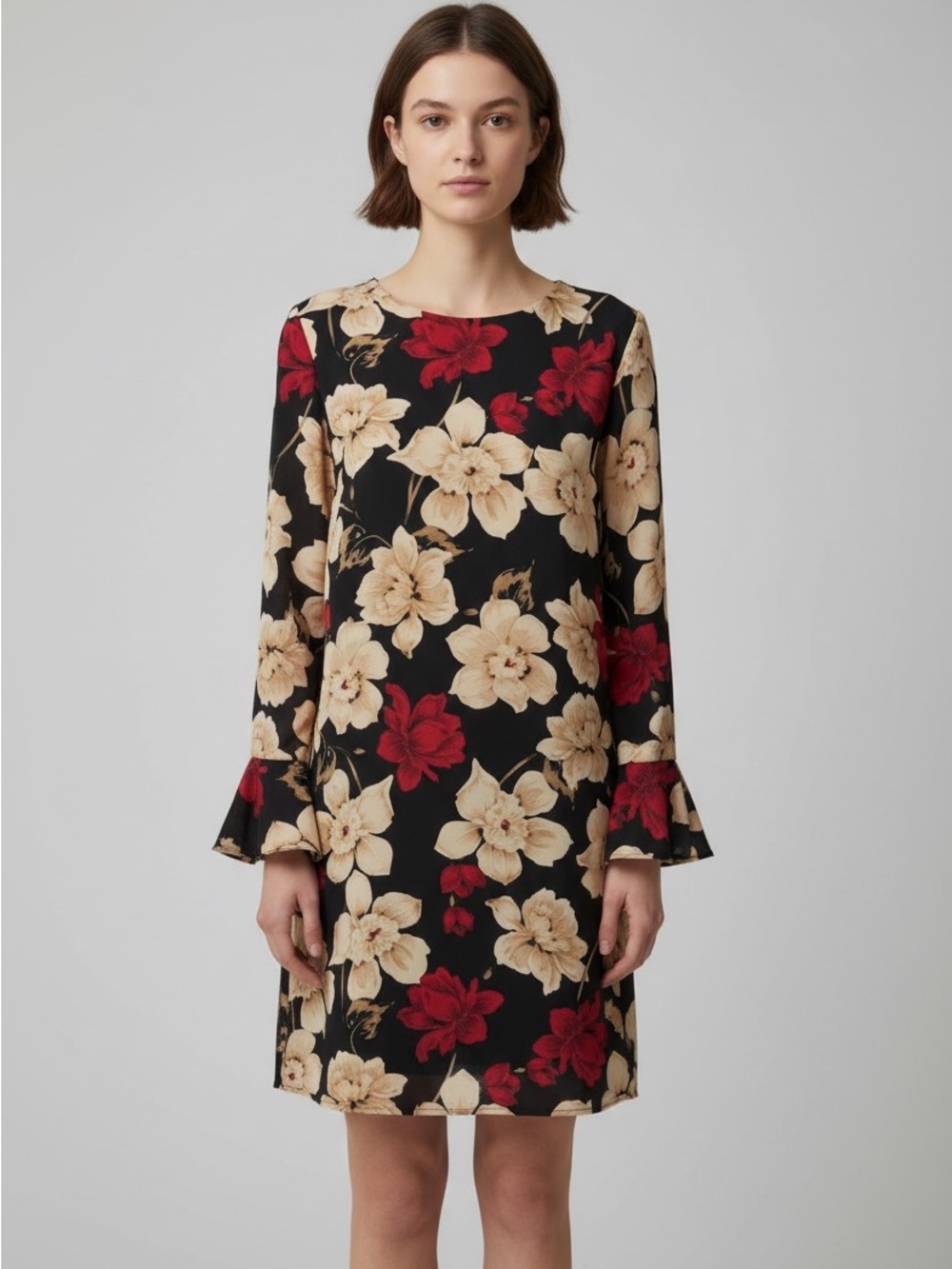 CeCe Floral Shift Cocktail Dress with Bell Sleeves, 10